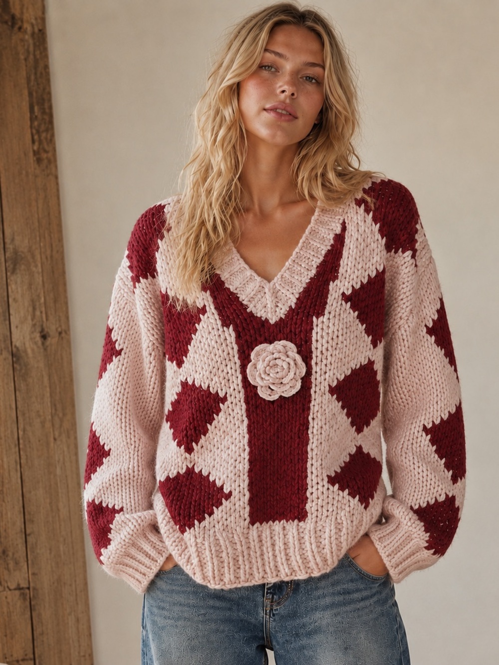 Listicle V-Neck Chunky Knit Sweater in Pink & Burgundy